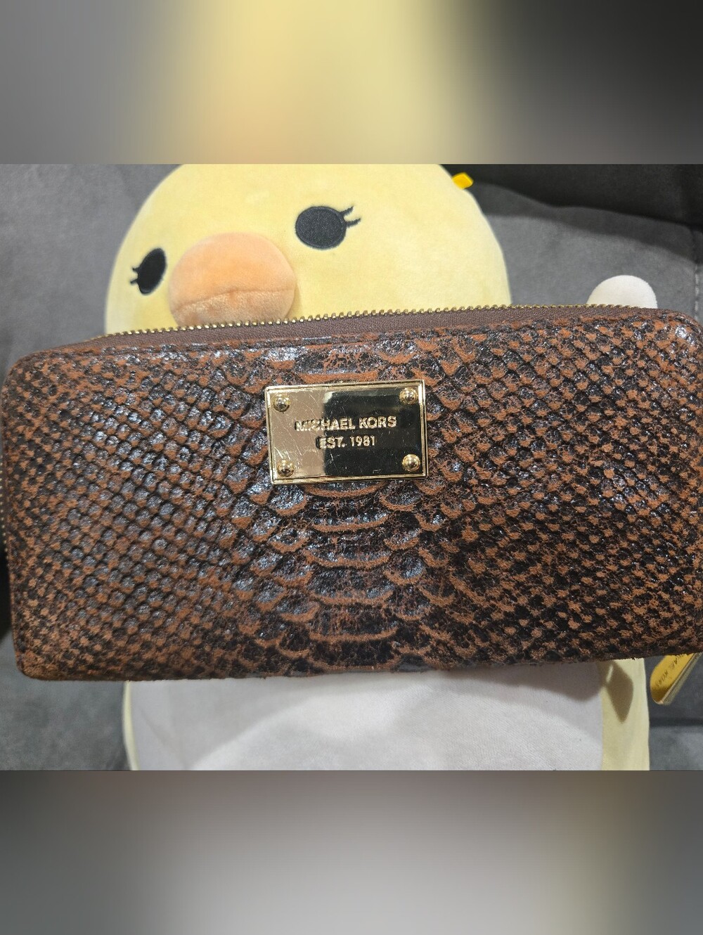 Michael Kors Brown Snake-Effect Zip Wallet with Gold Plate